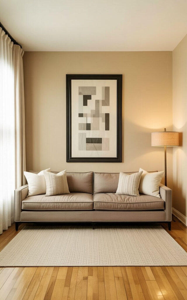 A large, comfortable sofa upholstered in a light gray fabric anchors the seating area, featuring several cushions in varying shades of cream and taupe with subtle woven textures. A black frame surrounds a rectangular canvas displaying an abstract composition of geometric shapes in muted tones of gray, white, and black, positioned on the wall above the sofa. Beige walls provide a neutral backdrop to the scene, and a rectangular area rug with a subtle geometric pattern lies beneath the sofa. A tall, narrow floor lamp with a brass base and a linen shade stands in the corner, casting a soft glow across the room, which features hardwood floors and sheer white curtains hanging from a window.