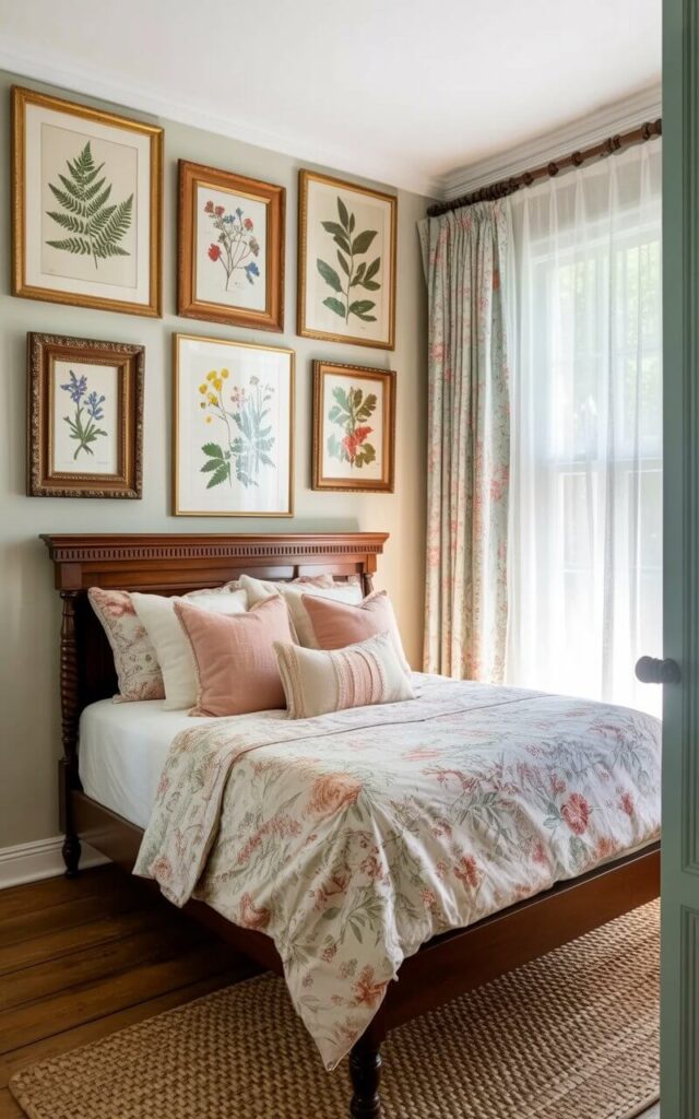 A bed with a dark wood frame and a headboard adorned with simple carved detailing is centered in the room. The bed is covered with a light floral duvet and several soft pillows in muted pink and cream tones. Above the bed, a collection of framed botanical prints, including depictions of ferns, wildflowers, and pressed leaves, are arranged casually on the wall, with varying frame sizes and finishes. The room features light beige walls, a wooden floor with a natural grain, and a window with sheer white curtains allowing diffused sunlight to filter through.