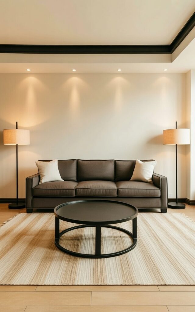 A large, comfortable sofa upholstered in dark gray fabric sits facing a wall with recessed lighting. Two black floor lamps with white linen shades flank either side of the sofa, illuminating a circular black coffee table centered in front of it. Soft beige wooden flooring extends throughout the room, reflecting the light from the lamps and recessed ceiling fixtures, while the ceiling is painted black. A large, rectangular area rug with a subtle geometric pattern sits beneath the coffee table, grounding the arrangement of furniture.