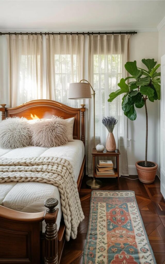 A queen-sized mattress rests on a dark wood bed frame featuring curved headboard and footboard details. A knitted throw blanket in cream and beige is draped across the foot of the bed, while two fluffy pillows in a light gray fabric adorn the headrest. A brass floor lamp with a fabric shade stands beside a small wooden nightstand holding a stack of books and a ceramic vase with dried lavender sprigs. Sunlight streams through sheer linen curtains, illuminating a hardwood floor with a patterned area rug and a potted fiddle-leaf fig tree positioned in the corner.