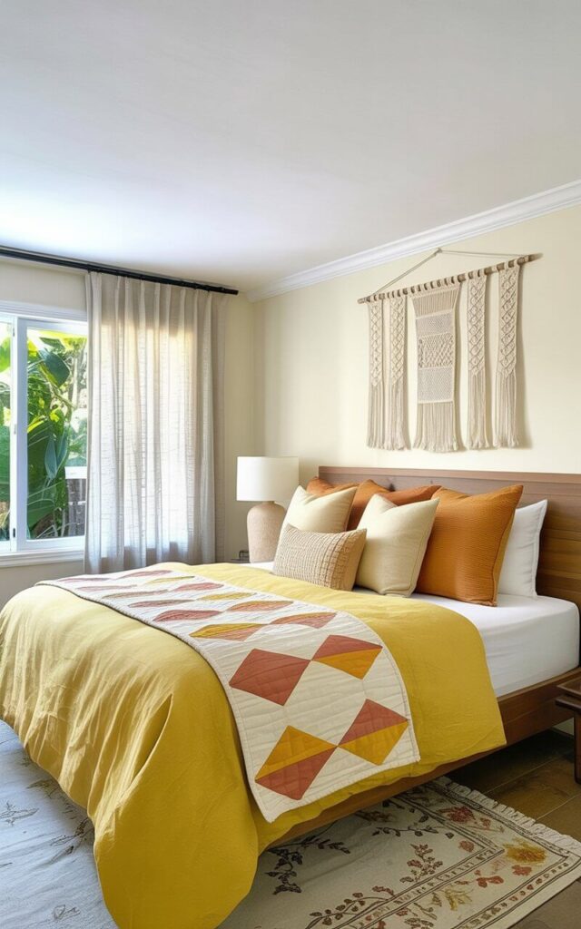 A king-sized bed with a wooden headboard sits centered in the room, draped with a mustard yellow linen duvet and a patterned quilt featuring cream and terracotta diamonds. Several textured throw pillows in varying shades of ochre, cream, and burnt orange are arranged against the headboard and along the foot of the bed. A woven macrame wall hanging with geometric patterns hangs above the bed, while a vintage rug with a faded floral motif covers the wooden floor. Natural light streams through sheer linen curtains partially covering a large window, revealing a view of lush green foliage beyond.