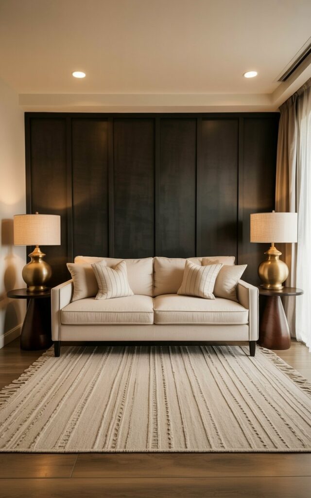 A beige sofa with plush cushions sits centered against a black accent wall, featuring subtle vertical texture. Two dark brown wooden side tables flank the sofa, each holding a brass table lamp with a cream-colored linen shade. A large, neutral-toned area rug with a geometric pattern covers the hardwood floor, anchoring the seating area. The room features recessed lighting and a single large window with sheer white curtains, allowing soft daylight to filter in.