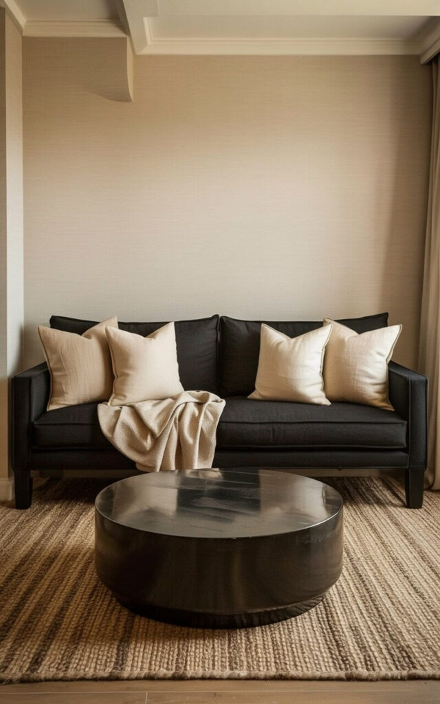 A deep black sofa sits centered against soft beige walls, its form rectangular and substantial. Beige linen cushions are arranged on the sofa, each with a subtle texture and a large, folded throw draped casually across the back. A neutral-toned area rug with a low pile grounds the layout, extending from beneath the sofa and partially covering the light-colored wooden floor. A round, empty black coffee table sits directly in front of the sofa, its surface smooth and reflective.