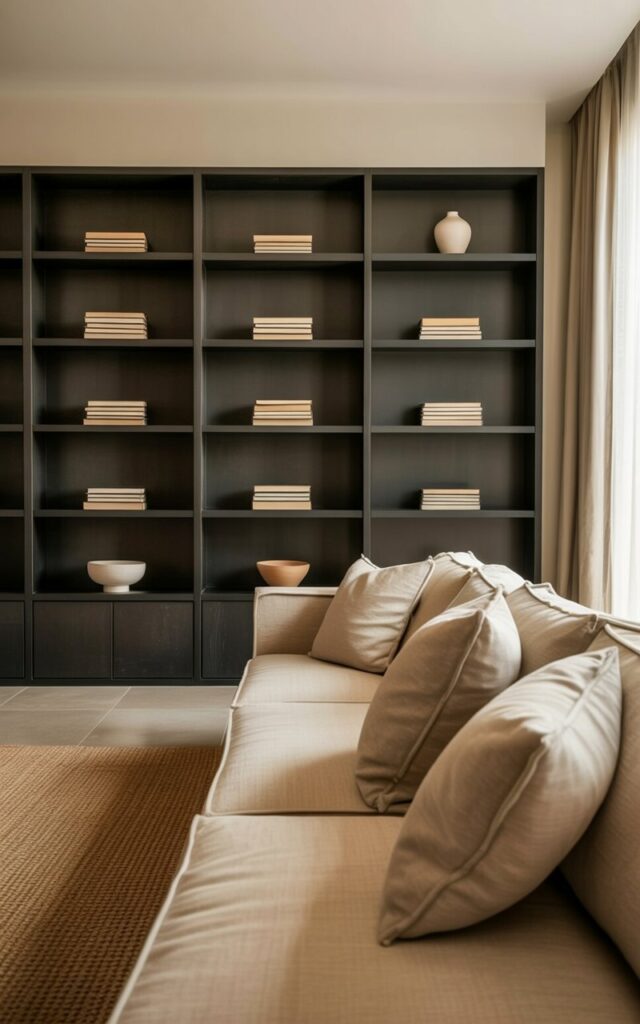 A black built-in shelving unit spans one wall of a living room, composed of sleek, matte black panels and featuring multiple open compartments. Within the shelves, stacked books with neutral-colored spines rest alongside small ceramic vases and decorative wooden bowls. A beige, linen-covered sofa with several plush throw pillows sits adjacent to the shelving unit, oriented towards a large window. Soft, natural light streams through the window, illuminating the room and highlighting the clean lines of the architecture, while a woven jute rug grounds the space beneath the sofa.