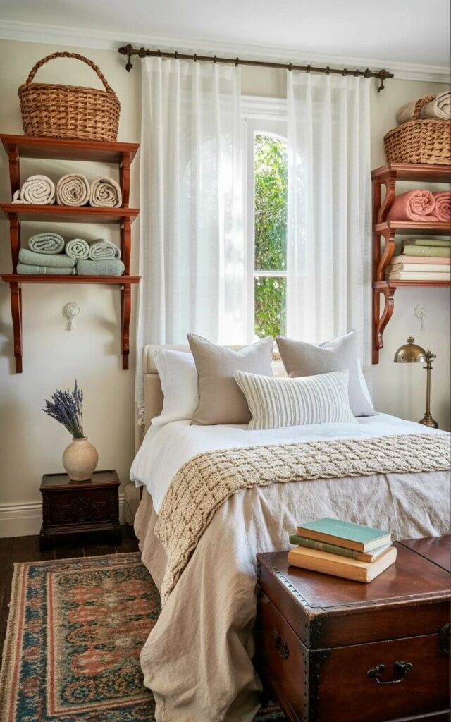 A neatly made bed with a linen duvet and several plush pillows sits centered in the room, with a crocheted throw blanket folded across the foot. Two woven baskets filled with rolled towels and folded blankets rest on wooden shelves mounted on the wall to the left of the bed, while a small, antique wooden chest sits at the foot of the bed containing a stack of books. A sheer white curtain filters sunlight streaming in from a window positioned behind the bed, revealing a glimpse of green foliage outside. A small ceramic vase holding a few sprigs of dried lavender sits on a bedside table next to a vintage brass reading lamp.