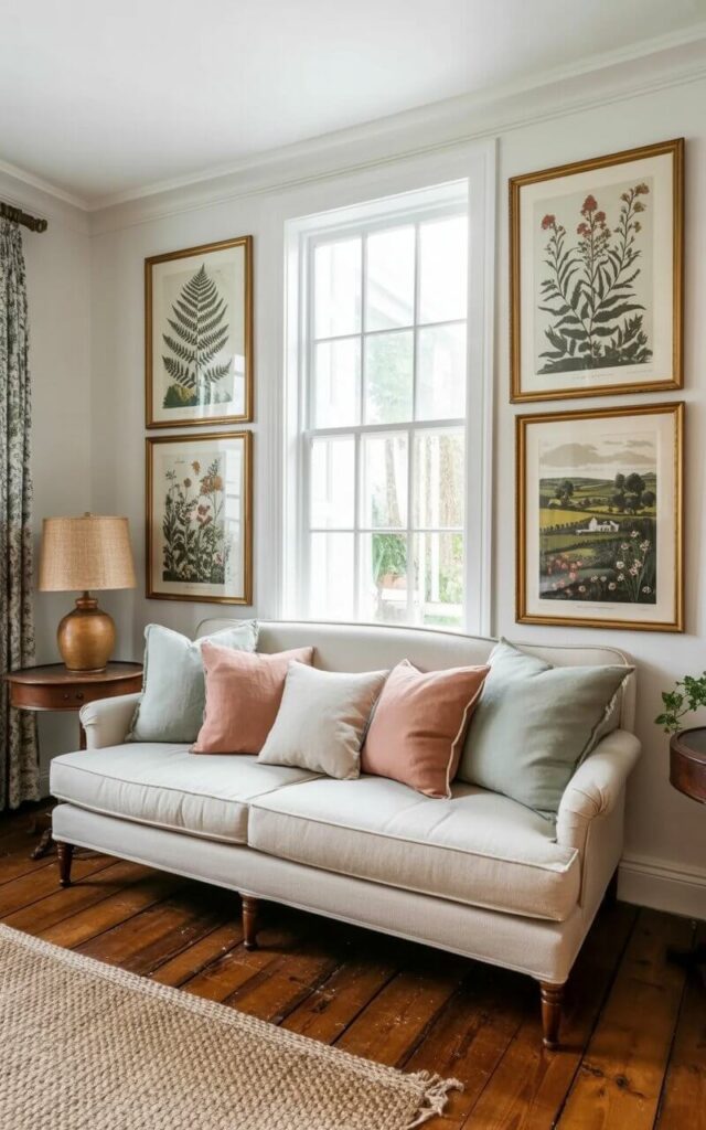 A plush, cream-colored sofa sits centered in the room, adorned with several linen throw pillows in shades of pale gray and muted rose. Above the sofa, three rectangular botanical prints, each encased in simple wooden frames, are arranged symmetrically on the wall, depicting detailed illustrations of ferns, wildflowers, and a landscape featuring rolling hills and a distant farmhouse. A small, round wooden side table with a ceramic lamp displaying a linen lampshade rests to the left of the sofa, and a woven rug with a subtle geometric pattern covers the hardwood floor. Natural light streams through a large window on the far wall, illuminating dust motes suspended in the air and highlighting the grain of the wooden floorboards.