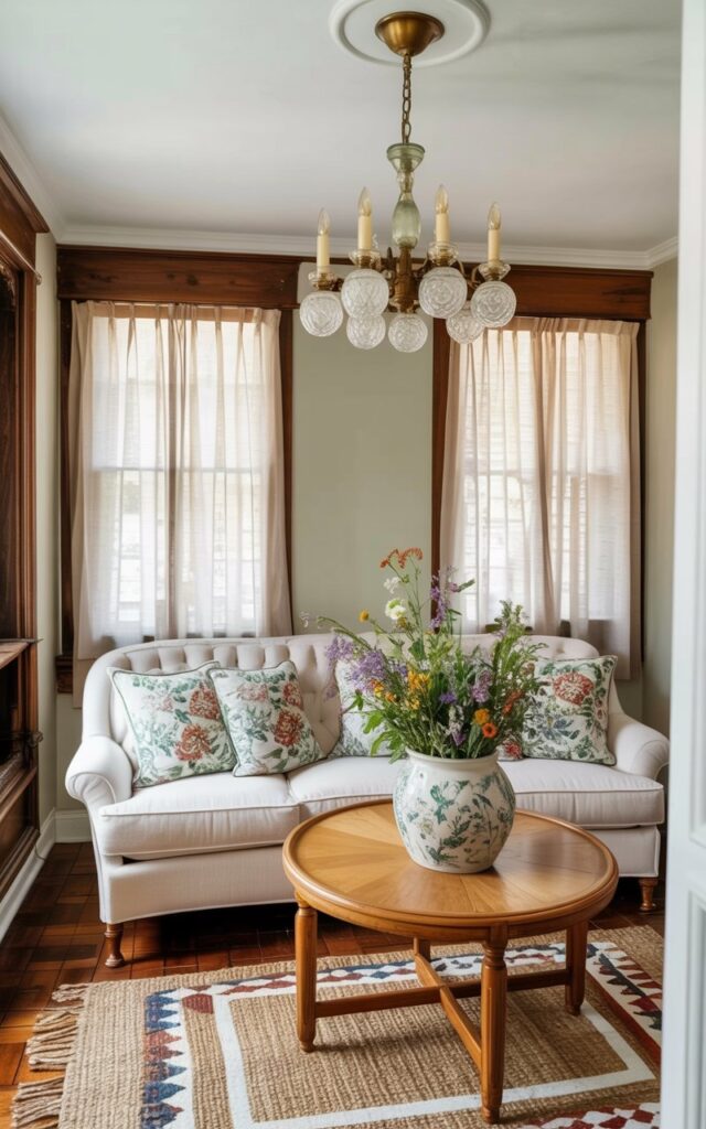 A plush, cream-colored sofa with several floral-patterned cushions sits centered within the living room. A round coffee table made of light-colored wood rests in front of the sofa, featuring a ceramic vase filled with a variety of wildflowers. A vintage glass chandelier with multiple candle-like bulbs hangs from the ceiling, casting a warm glow on the room. Natural light filters through sheer linen curtains on the windows, illuminating hardwood floors and a woven rug with a geometric pattern.