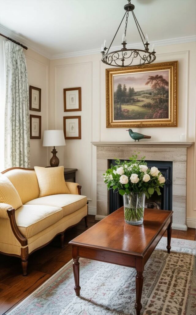 A cozy yellow sofa with rounded arms and plush cushions faces a stone fireplace, centered within a well-decorated living room. Above the fireplace mantel, an oversized framed artwork depicting a pastoral landscape hangs, while a small ceramic sculpture of a bird sits atop the mantel. An antique rectangular coffee table made of dark wood rests in front of the sofa, holding a tall glass vase filled with a bouquet of white roses and greenery. The room features a wrought iron chandelier suspended from the ceiling, casting soft light on the hardwood floor and the pale cream-colored walls adorned with simple wooden picture frames.