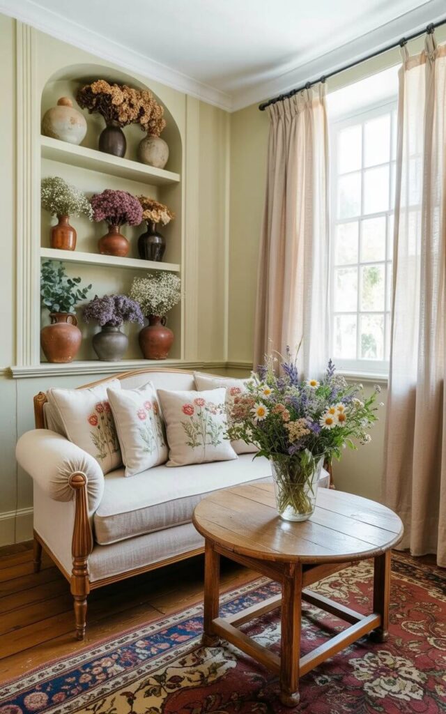 A plush, linen-covered sofa with rolled arms sits against a pale yellow plaster wall, adorned with several embroidered pillows in floral patterns. A round coffee table made of weathered oak sits in front of the sofa, holding a simple glass vase filled with a mix of wildflowers including daisies, lavender, and Queen Anne’s lace. Ceramic containers of varying sizes and shapes are placed on built-in wooden shelves and wide windowsills, each holding a small arrangement of dried hydrangeas, baby's breath, and sprigs of eucalyptus. Natural light streams through sheer linen curtains, illuminating a worn Persian rug with a faded floral design that covers the wooden floorboards.