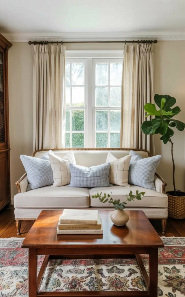 A plush, cream-colored sofa sits centered in the room, adorned with five throw pillows featuring a subtle blue and white gingham pattern. Two pillows are arranged at each end of the sofa, and a single larger pillow rests in the middle, showcasing a slightly darker shade of blue and white. A low, dark wood coffee table with a simple rectangular shape sits directly in front of the sofa, holding a stack of three books with neutral-colored covers and a small ceramic vase containing a sprig of eucalyptus. Natural light streams through a large window with white linen curtains, illuminating the hardwood floor and a single potted fiddle-leaf fig tree positioned in the corner.