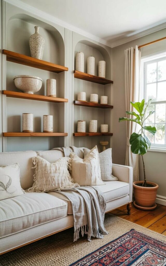 A living room features a light beige linen sofa with several textured throw pillows in shades of cream and pale gray. A collection of handmade ceramic pieces are arranged on open wooden shelves, including a tall, speckled vase with a narrow neck, a rounded bowl with a crackled glaze, and several cylindrical candle holders with uneven rims. The shelves are mounted on a pale gray wall, complementing the natural wood flooring and a large, woven rug underneath the sofa. Sunlight streams through a nearby window, illuminating dust motes in the air and casting soft shadows across the room, while a potted fiddle-leaf fig stands in a corner.