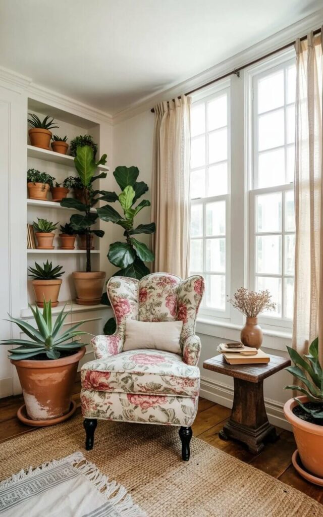 A plush floral accent chair with a curved backrest and dark wooden legs sits centered in a room filled with potted plants. Several leafy fiddle leaf fig trees stand near large windows, while smaller terracotta pots containing succulents and ferns are arranged on built-in bookshelves. A woven jute rug covers the hardwood floor, and a small side table made of reclaimed wood sits beside the chair, holding a stack of books and a ceramic vase with dried flowers. Natural light streams in through sheer linen curtains, illuminating the room and creating a sense of calm and connection to the outdoors.