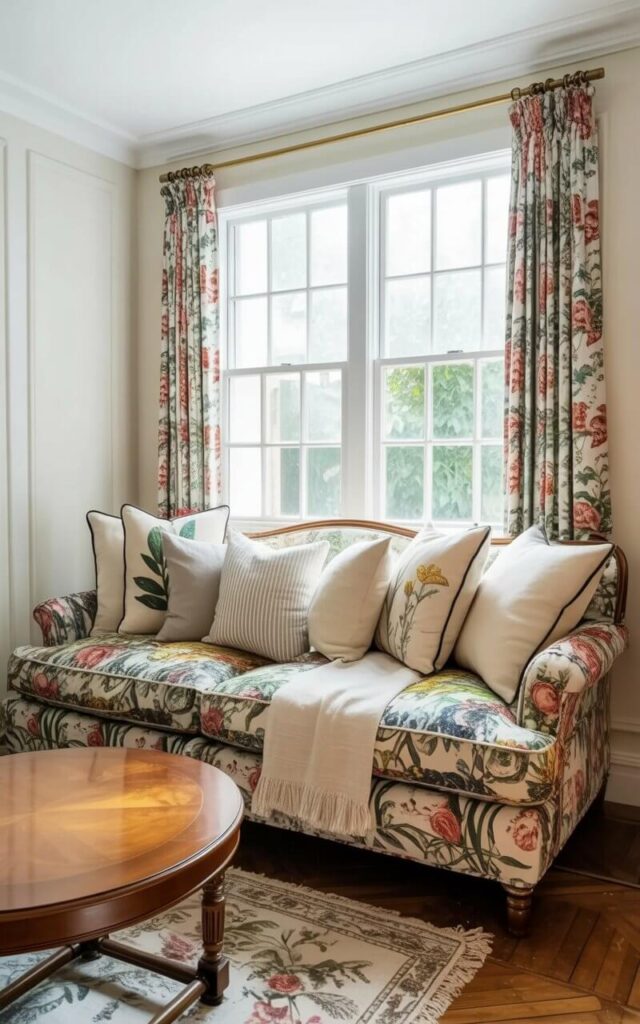 A plush, oversized sofa with a floral pattern dominates the room, covered with a variety of throw pillows in differing sizes and textures. Several pillows feature botanical prints, soft gray stripes, and cream-colored solid fabrics arranged in a layered and slightly asymmetrical configuration. A round wooden coffee table with a smooth surface sits centered in front of the sofa, displaying no items. Natural light streams through a large window behind the sofa, illuminating dust motes floating in the air and highlighting the subtle grain of a hardwood floor.