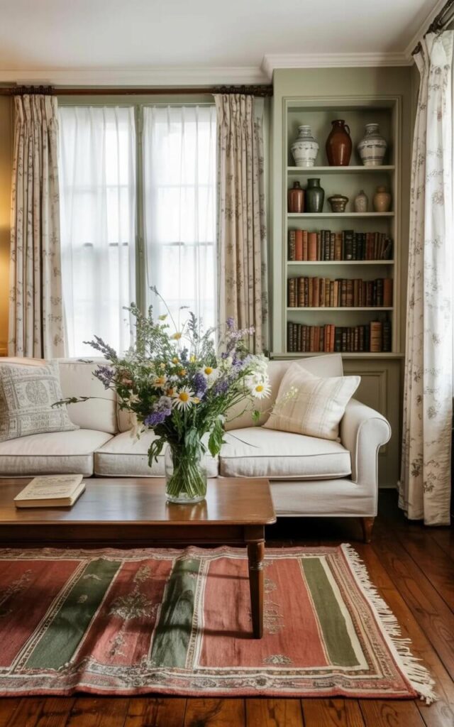 A comfortable sofa upholstered in a cream-colored linen fabric anchors the living room, positioned against a backdrop of pale sage green walls. Layered vintage-style woven rugs in earthy tones of terracotta, olive green, and beige overlap naturally on the polished oak wooden floors, adding depth and warmth to the space. A rectangular wooden coffee table sits centered in front of the sofa, displaying a clear glass vase filled with a bouquet of wildflowers including daisies, lavender, and Queen Anne's lace. Large windows with sheer white curtains allow diffused natural light to flood the room, illuminating a collection of ceramic vases and antique books arranged on a nearby built-in bookshelf.