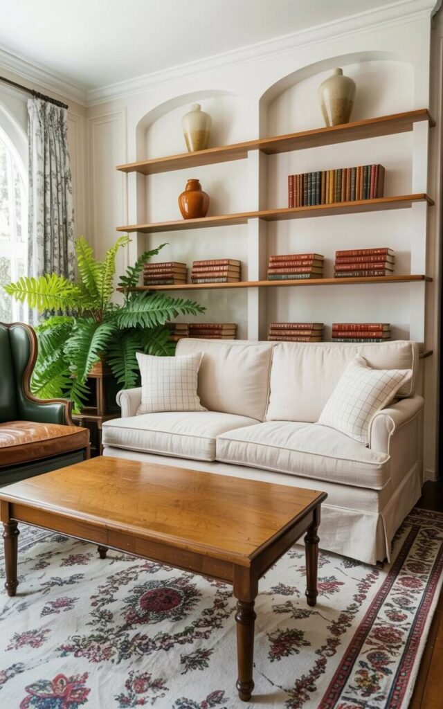 A beige linen sofa sits centered in the room with evenly spaced, dark brown wooden legs. A solid oak coffee table with a slightly distressed finish sits directly in front of the sofa, displaying no visible objects on its surface. Open shelving made of light-toned wood spans the wall behind the sofa, holding a collection of ceramic vases and stacked books with visible page edges. A dark green armchair with a worn leather seat is positioned to the left of the shelving unit, partially obscured by a large potted fern with broad, vibrant green leaves.