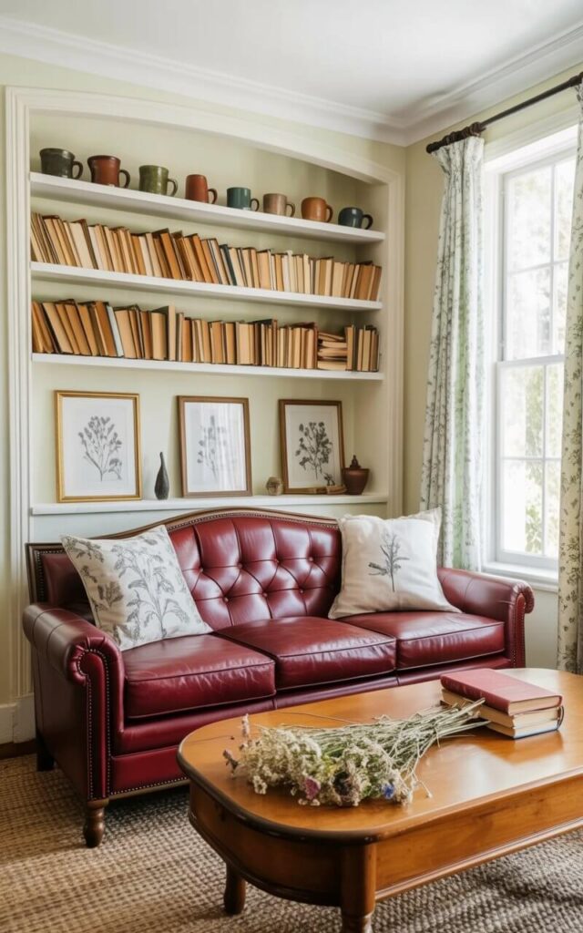 A maroon leather sofa with tufted detailing anchors the living room, positioned centrally against a pale cream-colored wall. An empty wooden coffee table with rounded edges sits in front of the sofa, displaying a scattering of dried wildflowers and a stack of aged paperbacks. Open shelving flanks the sofa, filled with a collection of ceramic mugs in varying sizes and earthy tones, alongside neatly arranged books with visible page edges and a few small framed black and white prints depicting botanical studies. Sunlight streams through a large window, illuminating dust motes in the air and casting a soft glow across the natural fiber rug beneath the furniture.