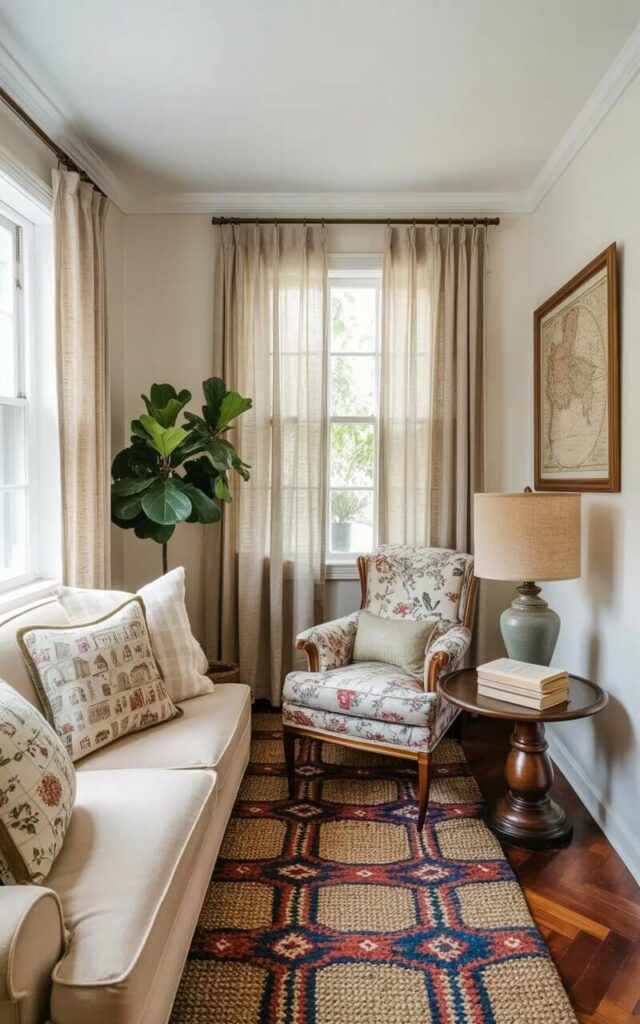 A plush, cream-colored sofa with several patterned throw pillows sits facing a window. An armchair upholstered in a floral fabric rests beside a small, round wooden table holding a ceramic lamp with a linen shade. A woven rug with a geometric pattern covers the hardwood floor, defining the reading nook area, and a stack of books rests on the table. Natural light streams in through sheer linen curtains, illuminating a potted fiddle-leaf fig tree in the corner and a vintage map framed on the wall.