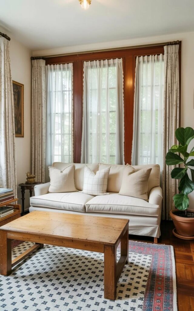 A light-filled living room features a plush, cream-colored sofa with three linen throw pillows arranged against a backdrop of tall windows draped with sheer, flowing curtains in a light beige color. An empty, rectangular coffee table constructed from aged wood sits directly in front of the sofa, showcasing visible wood grain and minor surface imperfections. Sunlight streams through the window frames, illuminating dust motes suspended in the air and highlighting the subtle textures of the fabric and wood. A patterned rug with a subtle geometric design covers the hardwood floor, and a potted fiddle-leaf fig plant sits in a terracotta pot in the corner of the room.