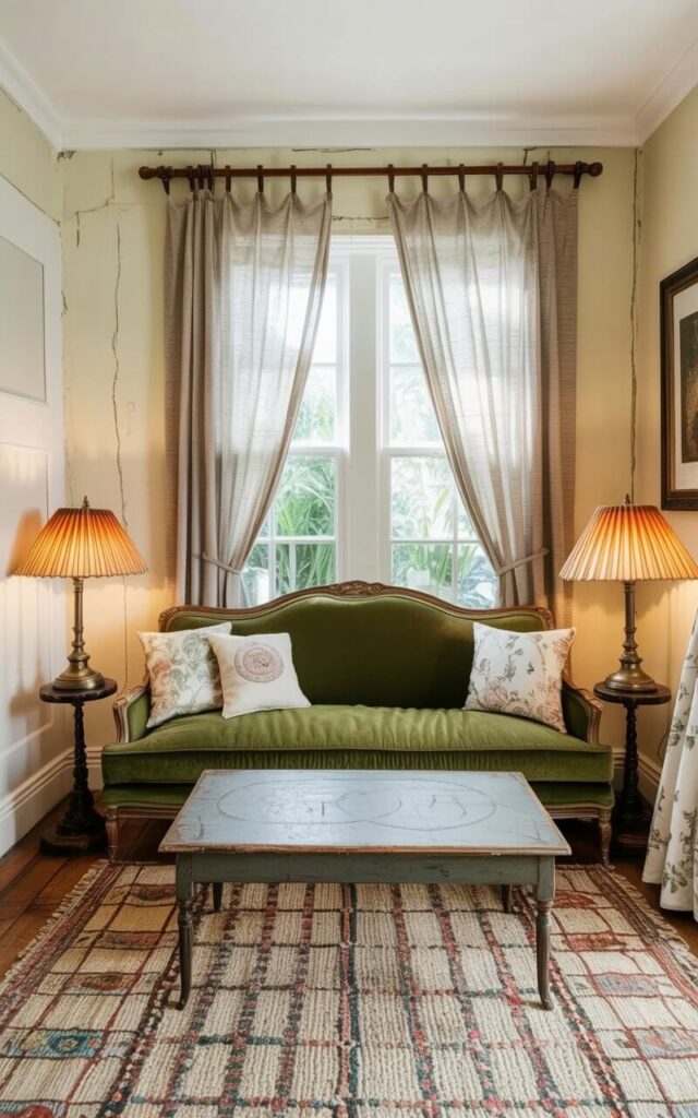 A vintage, deep green sofa sits against a pale yellow plaster wall with visible texture. Two table lamps with pleated, ivory fabric shades are positioned on small, dark wood stands on either side of the sofa, casting a warm light across the cushions. An empty, rectangular coffee table with a distressed finish sits centered in front of the sofa, displaying faint ring marks. A large, woven rug with a geometric pattern in muted tones of beige and brown covers the wooden floor, while sheer linen curtains hang from a window behind the sofa, allowing soft daylight to filter into the room.