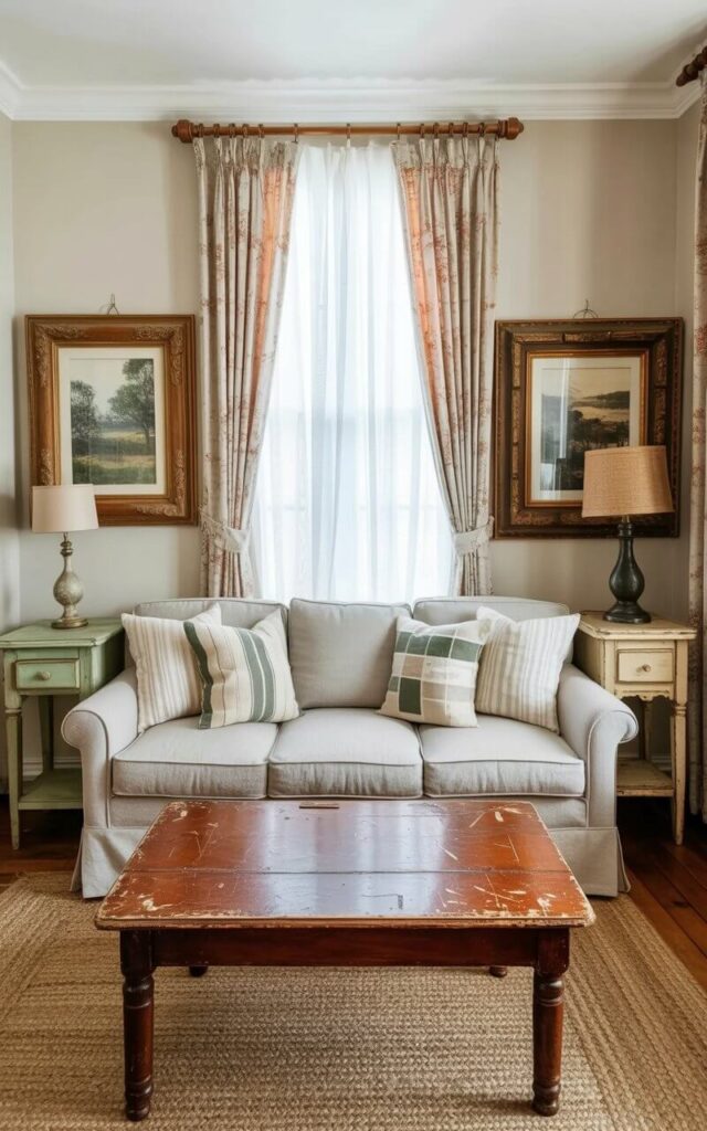 A linen sofa with rolled arms and scattered cushions sits in a room with warm, natural light filtering through sheer curtains. A weathered wooden coffee table sits centered in front of the sofa, featuring faint scratches and a visible grain pattern. Two small, thrifted side tables, one painted a soft sage green and the other a distressed cream color, flank the sofa, each displaying an aged wooden picture frame with a faded landscape photograph. The room's walls are painted a pale beige, and a braided jute rug covers the wooden floor, completing the intentionally minimalist atmosphere.