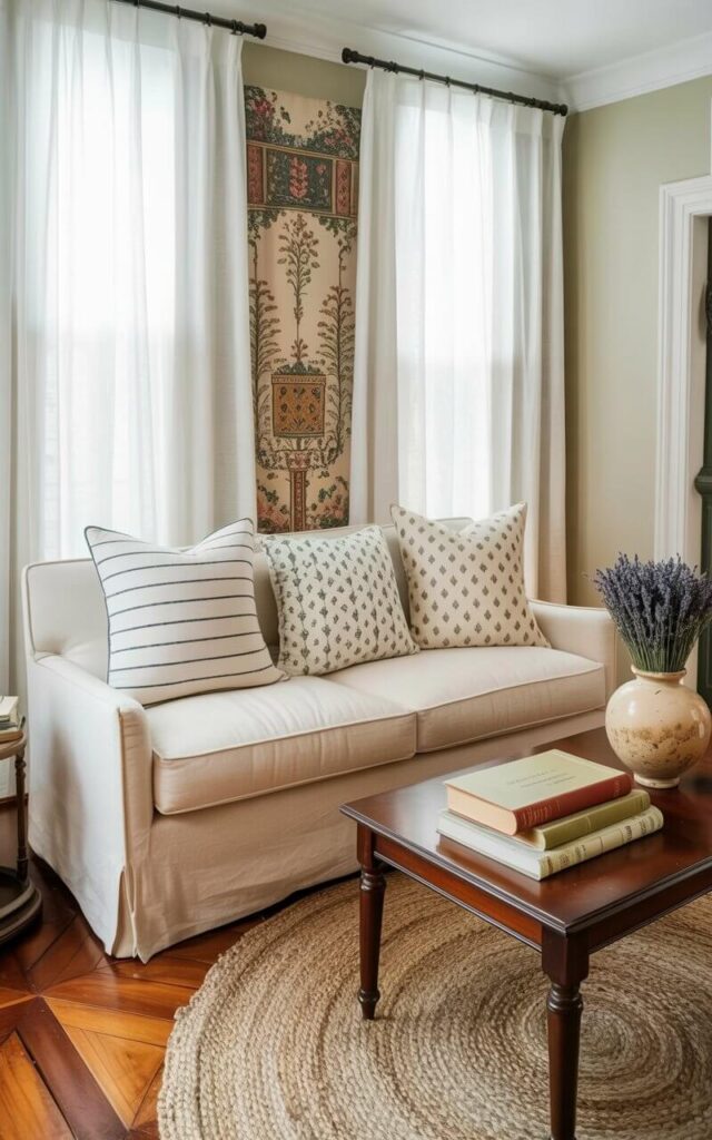 A cream-colored linen sofa sits in the center of a living room, adorned with three cushions: one featuring thin horizontal navy blue stripes, one displaying a repeating pattern of tiny gray floral prints, and a third with a subtle geometric design in beige and cream. A worn, circular jute rug lies beneath the sofa, its natural fibers visible. A dark wood coffee table with tapered legs rests on the rug, holding a stack of books bound in muted colors and a ceramic vase filled with dried lavender. Soft sunlight streams through sheer white curtains, illuminating the hardwood floor and casting gentle shadows throughout the room.