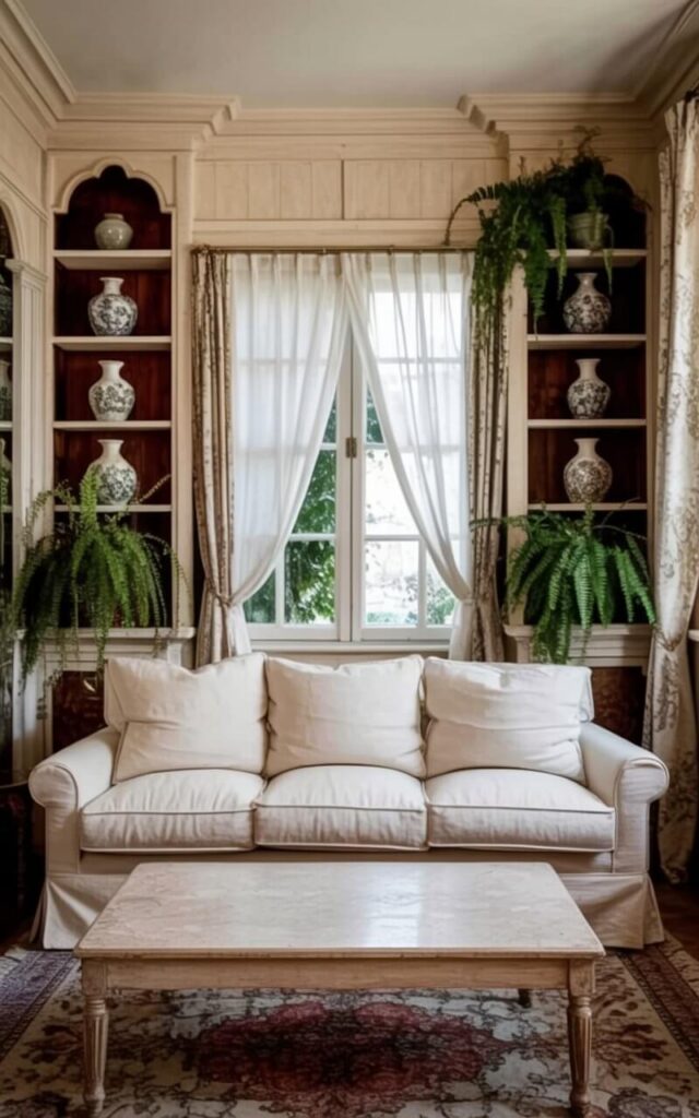 A generously sized sofa upholstered in off-white linen sits centered within the room, featuring three plush cushions and rolled arms. A low, empty wooden coffee table sits directly in front of the sofa, displaying subtle grain patterns and a light varnish finish. Sheer white curtains hang over a large window, allowing diffused sunlight to illuminate a built-in wooden shelving unit filled with decorative ceramic vases and potted ferns. The walls and ceiling are painted a seamless creamy white, creating a tranquil atmosphere with a pale oak wood floor extending throughout the space.