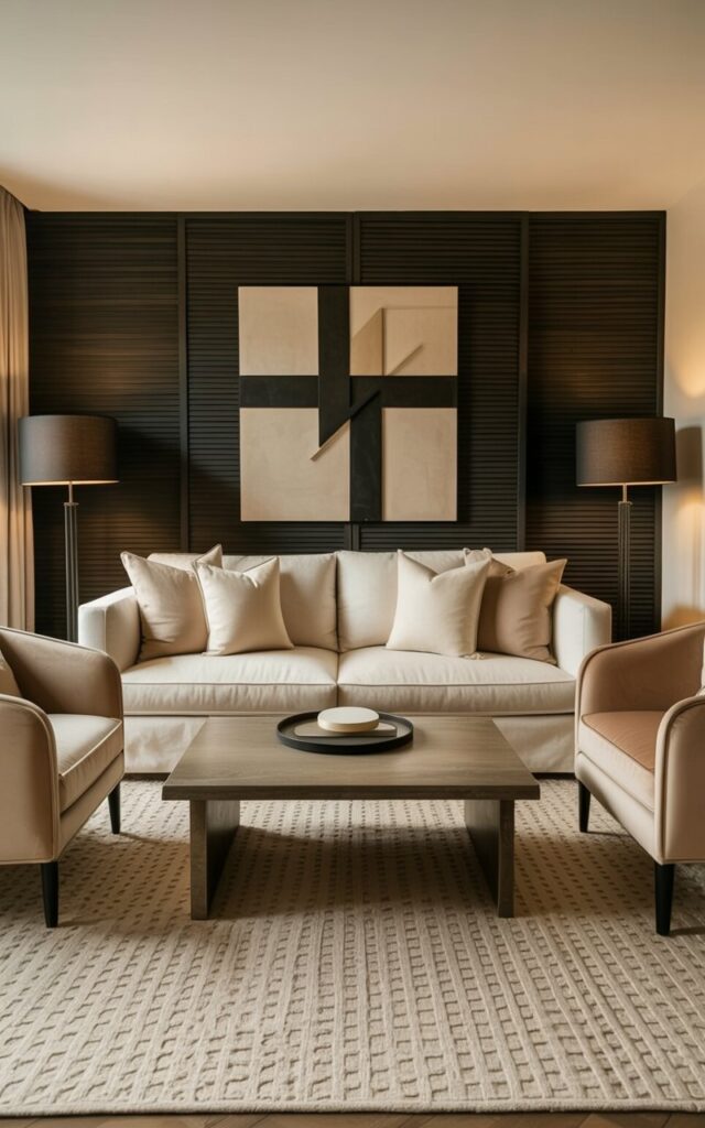 A large, plush sofa upholstered in beige linen anchors the room, featuring multiple throw pillows in varying shades of beige and cream. Two armchairs with rounded backs and beige velvet upholstery flank a low, rectangular coffee table made of dark wood with a simple, clean design. Black floor lamps with fabric shades stand on either side of the sofa, casting soft illumination across a patterned beige area rug. The walls are painted a matte black and feature a single, large abstract sculpture composed of geometric shapes in black and beige.