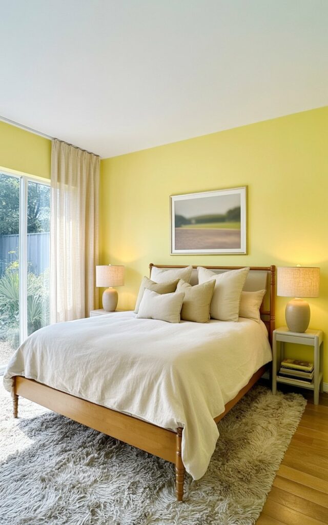 A king-sized bed with a wooden frame sits centered in the room, covered in cream-colored linen bedding and several beige throw pillows. Two small nightstands with simple, round bases flank the bed, each holding a ceramic lamp with a linen shade and a stack of books with neutral-toned covers. The walls are painted a soft yellow and feature a single framed print depicting a blurred landscape scene above the headboard. Natural light filters through sheer cream curtains hanging over a large window, illuminating a plush beige area rug covering the hardwood floor.