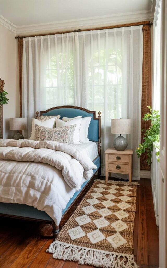 A plush, blue bed with a dark wood frame and a thick white duvet sits centered in the bedroom. A woven rug with a repeating pattern of cream and beige diamonds extends from beneath the bed, reaching out to cover a portion of the wooden floor on either side. Two small, square wooden nightstands with simple metal drawer pulls stand on either side of the bed, each holding a small, gray ceramic lamp with a white linen shade. Natural light filters through a sheer white curtain hanging over a large window, illuminating dust motes suspended in the air and highlighting the warm tones of the hardwood flooring.
