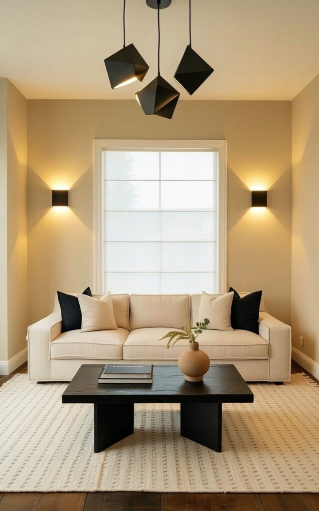 A comfortable, large, beige sofa sits centered in the room, oriented towards a wide window. Two black accent chairs are positioned on either side of the sofa, facing inward. Three black, geometric lighting fixtures hang from the ceiling, casting strong shadows across the soft beige walls and illuminating the room's corners. A light-colored rug with a subtle geometric pattern lies underneath the sofa and chairs, while a dark wood coffee table sits in front of the sofa, holding a stack of books and a ceramic vase with a few green stems.