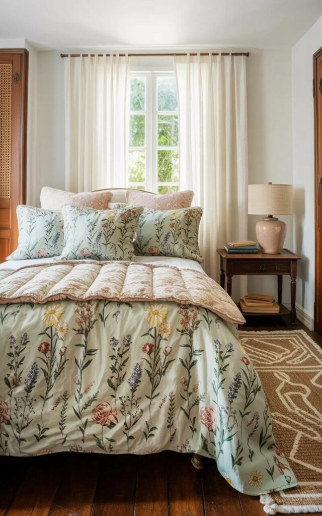 A bed with a floral duvet in faded sage, blush, and cream tones occupies the center of the room. The duvet features a repeating pattern of wildflowers including daisies, lavender sprigs, and small roses, layered with rumpled quilts and several cotton pillows adorned with the same floral design. Sheer white curtains hang over a window, allowing soft natural light to illuminate the room and highlight the linen texture of the walls. A woven rug with a geometric pattern in beige and cream lies on the wooden floor, complemented by a small antique wooden nightstand holding a stack of books and a ceramic lamp with a linen shade.