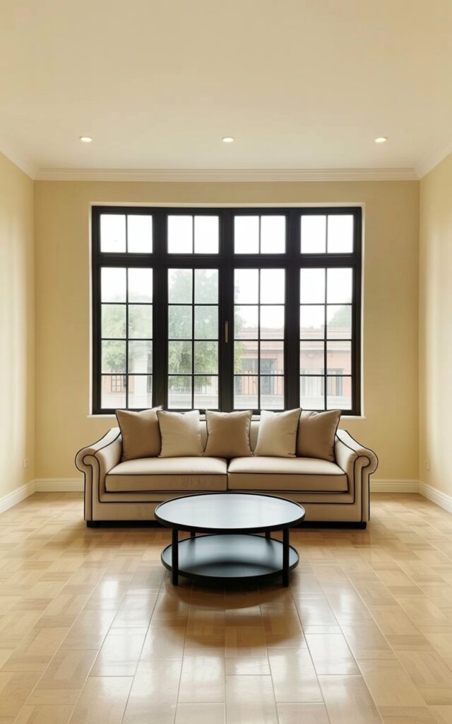 A plush, neutral-colored sofa with rounded arms sits centered in a living room, adorned with four square cushions in varying shades of cream and beige. A round coffee table with a matte black surface rests directly in front of the sofa, its empty surface reflecting the room's ambient light. Large windows with thick black frames span the entire back wall, offering a view of a tree-lined street outside. Creamy beige walls extend upwards to a smooth, white ceiling with recessed lighting, highlighting the clean lines and spacious atmosphere of the well-decorated room.