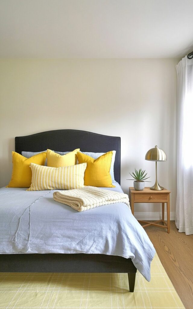 A queen-sized bed with a dark blue upholstered headboard sits centered in the room. The bed is covered with a light blue linen duvet and several yellow throw pillows in varying sizes, along with a folded cream-colored throw blanket. A simple wooden nightstand with a brushed gold lamp sits on one side of the bed, while the other side features a small potted succulent. Natural light streams through sheer white curtains onto a light oak wood floor with a pale yellow area rug positioned underneath the bed.