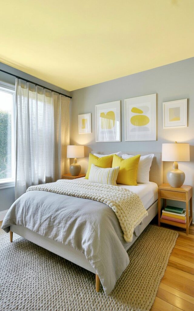 A queen-sized bed with a gray linen duvet cover takes center stage, layered with three yellow throw pillows of varying sizes and a chunky knit cream-colored blanket. Two wooden nightstands flank the bed, each holding a simple ceramic table lamp with a white shade and a stack of three books with muted colored covers. A neutral-toned, low-pile rug with a subtle geometric pattern covers the hardwood floor, extending from beneath the bed towards a large window. Soft gray walls are adorned with three framed prints featuring abstract shapes in shades of yellow and white, while diffused natural light streams in through sheer linen curtains.
