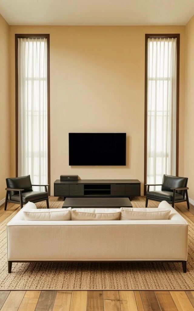 A large, comfortable sofa upholstered in a soft, light beige fabric sits centered on a plush beige area rug. Two black accent chairs with dark wood frames and streamlined silhouettes flank the sofa, positioned opposite each other. A black, oversized television is mounted on a pale beige wall, directly above a low, black media console with integrated storage compartments. The room features tall windows with sheer white curtains, allowing soft natural light to illuminate the space and reveal subtle texture variations in the walls and flooring.