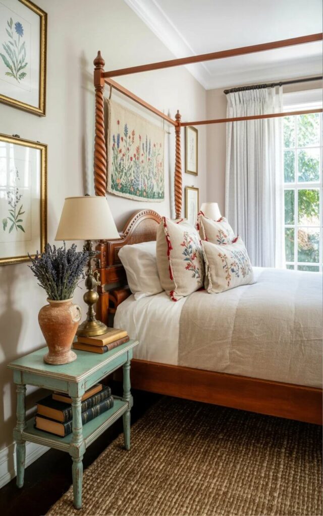 A four-poster bed with a linen duvet and several embroidered pillows sits in the center of a bedroom, anchored by a woven rug beneath it. A small bedside table to the left of the bed holds a ceramic vase filled with dried lavender, a stack of antique books, and a vintage brass lamp with a cream-colored shade. Natural light streams through a window covered by sheer white curtains, illuminating dust motes dancing in the air. The walls are painted a soft beige and adorned with framed botanical prints and a small, hand-stitched tapestry depicting a field of wildflowers, creating a calm and inviting atmosphere.
