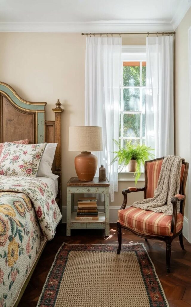 A bed with a worn wooden headboard and mismatched floral patterned quilts occupies the center of the room. A stack of well-loved books sits on a bedside table made of reclaimed wood alongside a ceramic lamp with a linen shade. A woven rug with faded colors covers the wooden floor, while a vintage armchair with a knitted throw blanket sits near a window with sheer white curtains. Sunlight streams through the window, illuminating dust motes dancing in the air and highlighting a small potted fern on the windowsill.