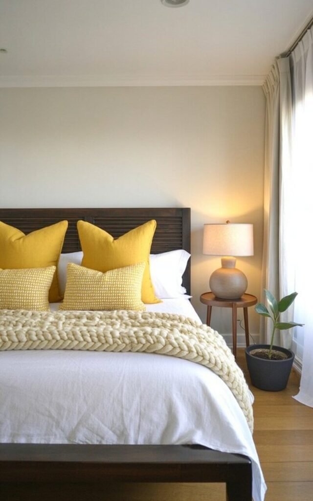 A king-sized bed with a dark wood frame sits centered in the room, layered with several textured yellow cushions and a thick, cream-colored knitted throw. Crisp white linen sheets cover the mattress, and two large, rectangular yellow pillows are propped against the headboard. A small, round wooden nightstand with a ceramic lamp holding a simple white lampshade rests on one side of the bed. Light streams through a large window covered with sheer white curtains, illuminating the hardwood floor and a single potted plant with green leaves sitting in the corner.