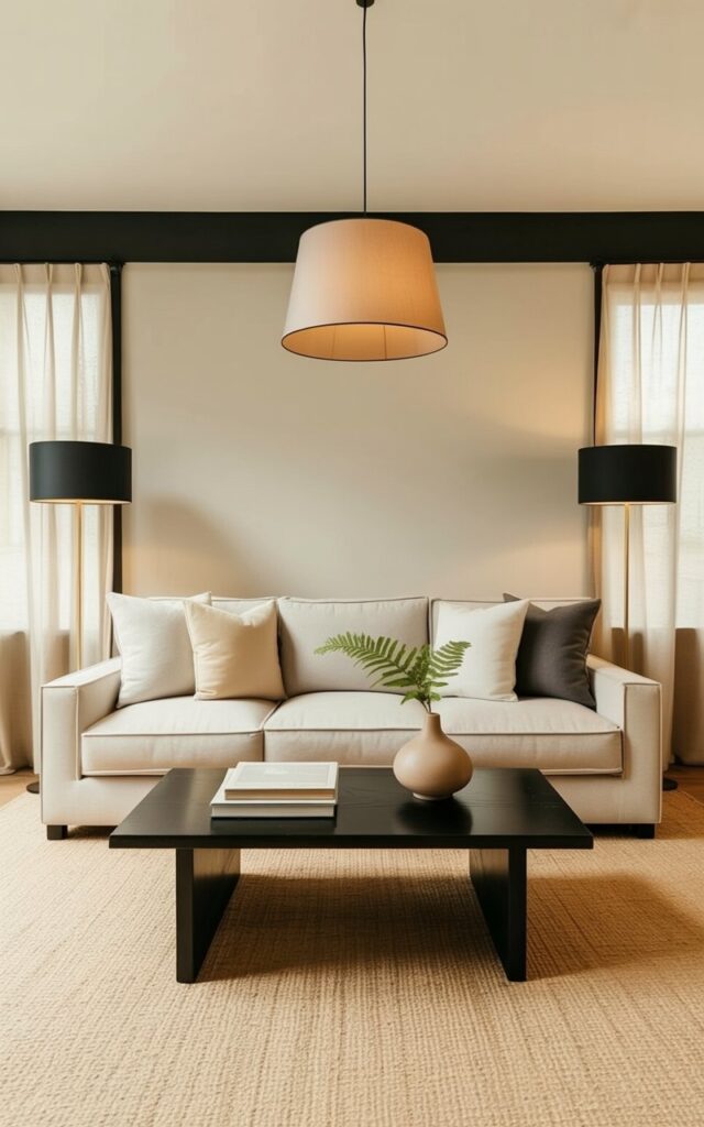 A plush, three-seater sofa upholstered in a light beige fabric sits centrally in the room, adorned with several throw pillows in varying shades of cream and gray. Two black floor lamps with cylindrical shades stand on either side of the sofa, while a pendant lamp with a beige fabric shade hangs directly above. A dark wood coffee table sits in front of the sofa, holding a stack of books and a ceramic vase with a single green fern. The walls are painted a matte black, and large windows are draped with sheer beige curtains, allowing soft natural light to filter into the space.