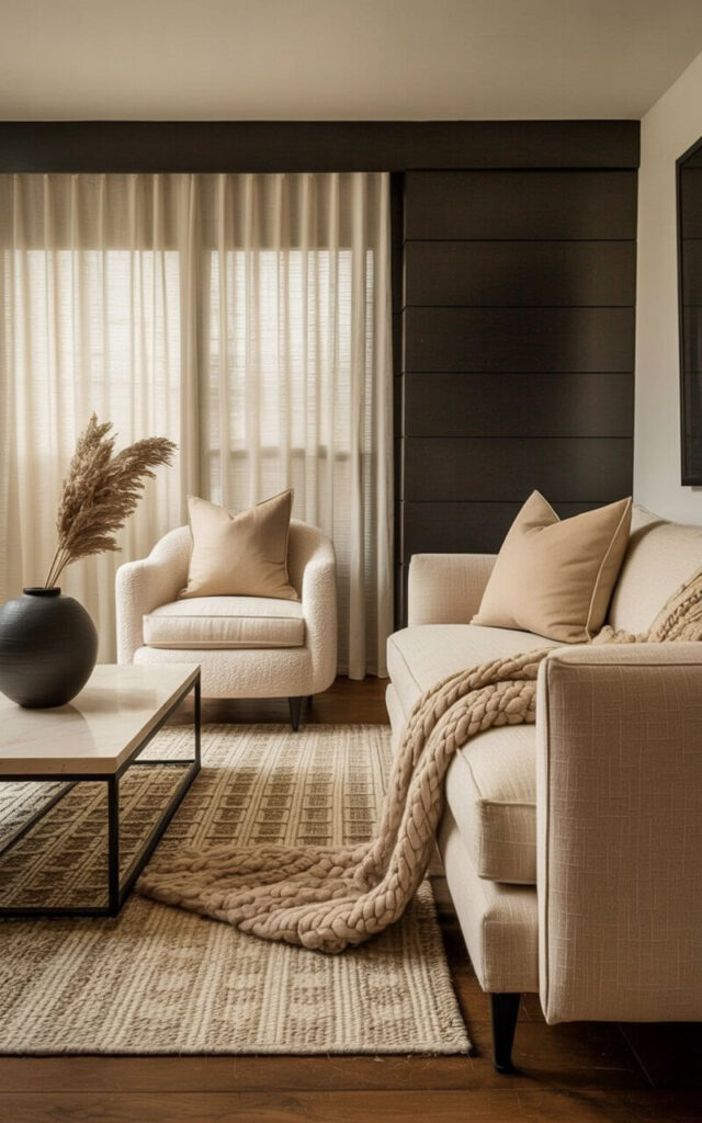 Two boucle armchairs in a light beige fabric sit facing a large, comfortable sofa upholstered in a darker beige linen. A woven rug with a geometric pattern in shades of beige and cream covers the hardwood floor, while a soft, chunky knit throw blanket is draped across the sofa’s back. Slim black metal legs support a low coffee table positioned between the chairs, and a black ceramic vase holding dried pampas grass rests on the table's surface. Natural light streams through sheer linen curtains, illuminating the room and highlighting the textural layers of the furnishings.