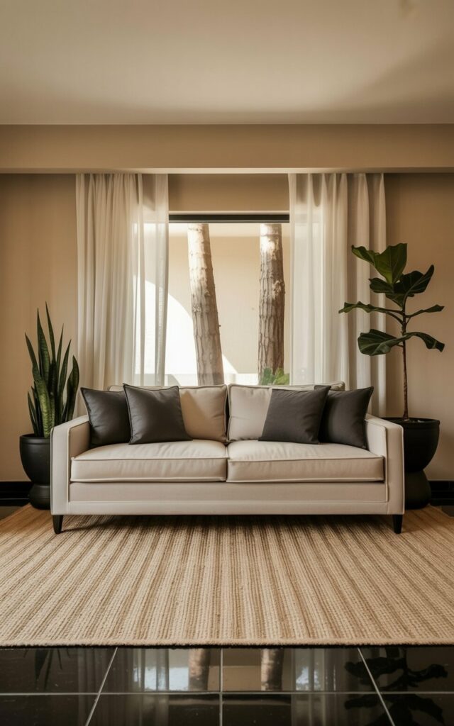 A beige sofa with dark gray cushions sits centered in a living room, facing a large window. Two black ceramic pots containing fiddle leaf fig plants stand on either side of the sofa, while a tall snake plant rises from a black pot in the corner. The floor is covered with black tiles, reflecting the natural light coming through sheer white curtains hanging over the window. Barely visible through the window are the trunks of tall trees with green leaves, creating a tranquil outdoor backdrop.