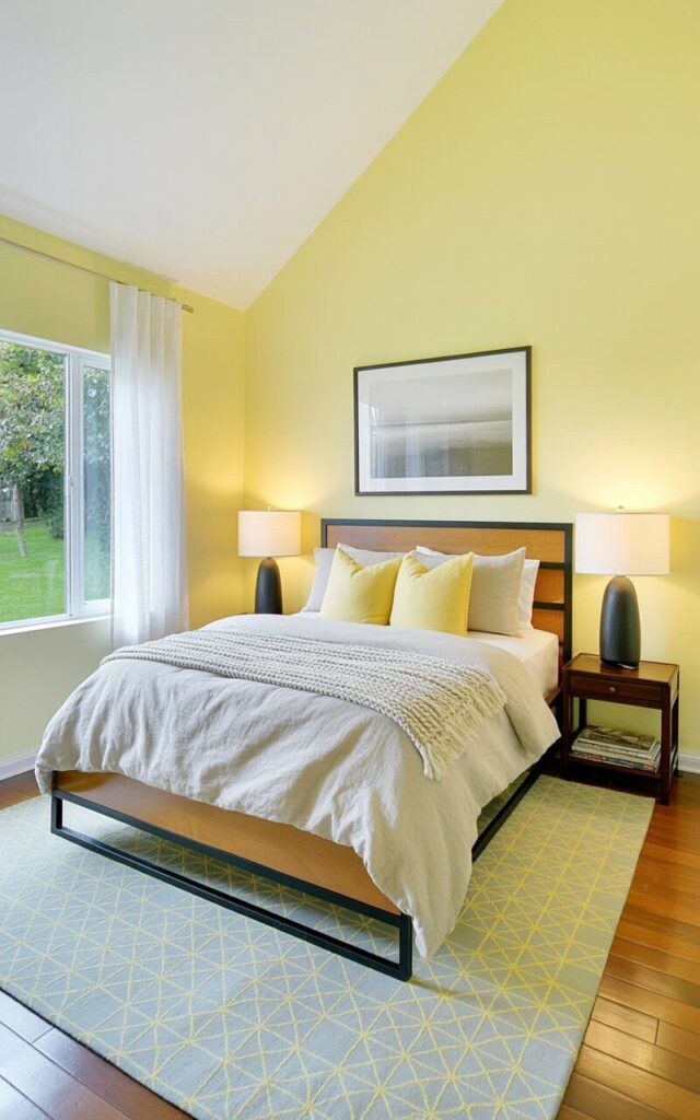 A queen-sized bed with a linen duvet and two plush pillows sits centered against a pale yellow wall. The bed frame is dark wood with sleek black accents, and the bedding includes a textured throw blanket in a cream color. Two black bedside lamps with white drum shades rest on matching dark wood nightstands, each featuring a framed black and white photograph of a minimalist landscape. A large rectangular rug with a geometric pattern in shades of gray and yellow covers the hardwood floor, while sheer white curtains soften the light filtering through a window showing a view of a green lawn.