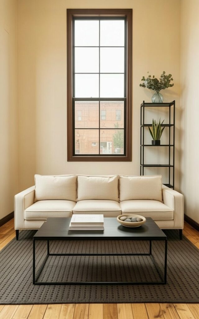 A plush beige sectional sofa sits against a backdrop of black painted walls with a dark gray area rug layered beneath. A low black metal coffee table rests in front of the sofa, displaying a stack of three books with white covers and a small ceramic bowl holding three river stones. A black metal shelving unit stands against the far wall, displaying a single glass vase containing a bouquet of eucalyptus stems and a small, potted snake plant. A large rectangular window reveals a glimpse of a brick building across a quiet, tree-lined street.