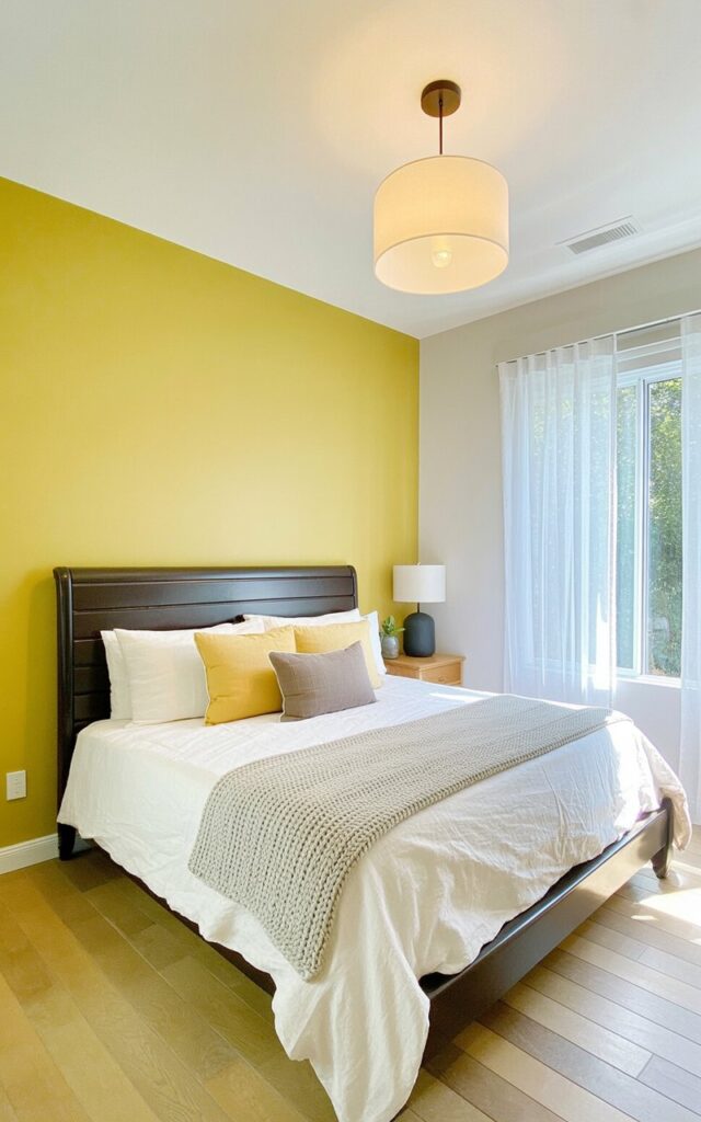 A king-sized bed with a dark brown wooden headboard rests against a mustard yellow accent wall. The bed is dressed with crisp white linen sheets, a light gray knitted blanket, and three rectangular cushions—one in a muted yellow, one in a light beige, and one in a charcoal gray. A simple, cylindrical pendant light fixture with a white shade hangs from the ceiling above the bed, and a small wooden nightstand with a black lamp sits on one side. The room has light oak hardwood flooring and a large window with sheer white curtains allowing diffused natural light to fill the space.