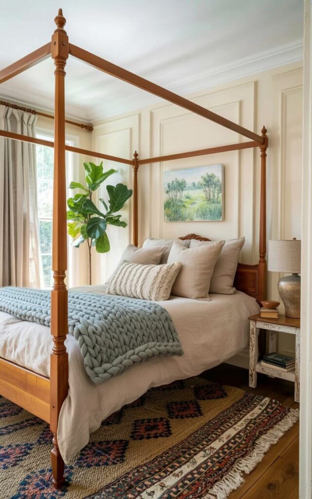 A four-poster bed with a natural wood frame stands centered in a room with cream-colored walls and a light oak wood floor. The bed is covered with a linen duvet in a soft beige color, layered with several neutral-toned throw pillows and a chunky knit blanket in a dusty blue hue. A woven rug with a subtle geometric pattern sits beside the bed, and a small bedside table made of reclaimed wood holds a ceramic lamp with a linen shade and a stack of books. Natural light streams through sheer linen curtains, illuminating a potted fiddle-leaf fig tree in the corner and a small watercolor painting depicting a meadow scene hanging on the wall.