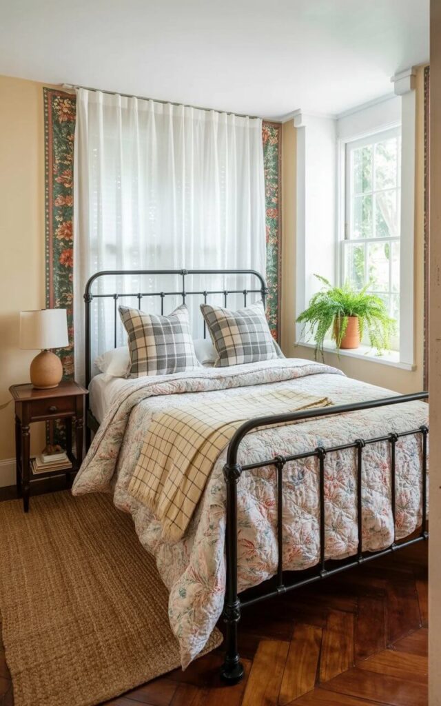 A black metal bed frame sits centered in a softly lit bedroom with a thick, quilted comforter layered on top. Two square throw pillows with a grey and white plaid pattern and a folded cream-colored gingham blanket are neatly arranged at the foot of the bed. A small wooden nightstand with a simple ceramic lamp sits to the left of the bed, while a woven rug with a subtle geometric pattern covers the hardwood floor. A sheer white curtain hangs over the window, allowing diffused sunlight to filter into the room, and a potted fern rests on a windowsill nearby.