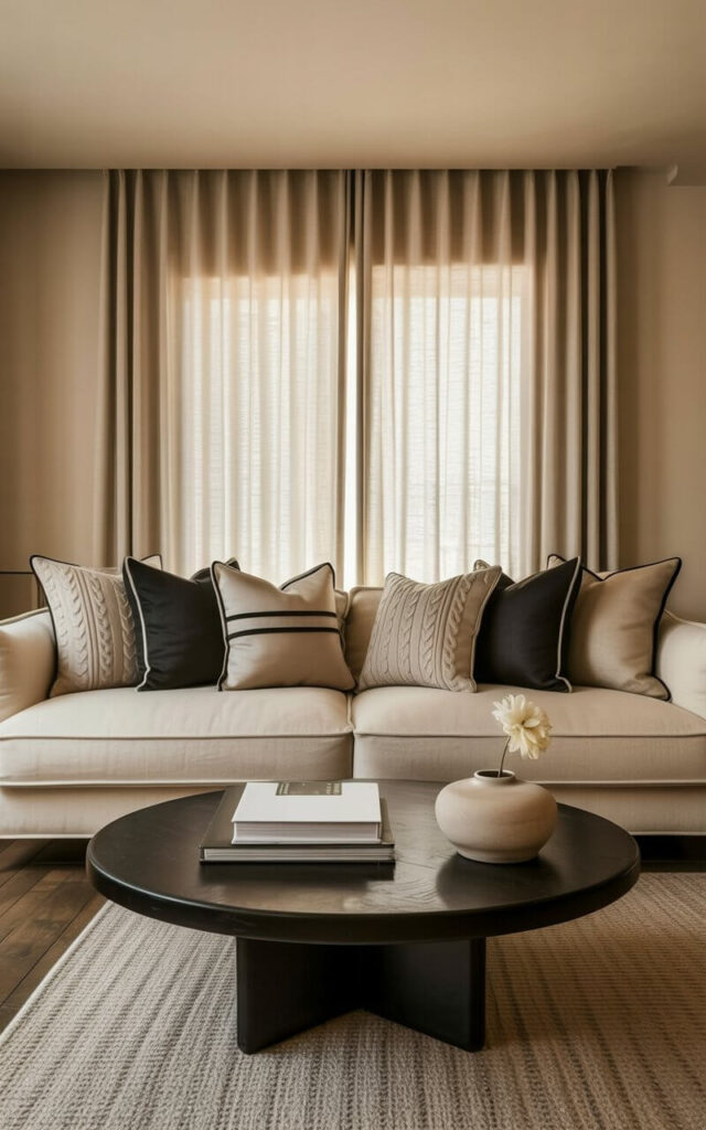 A large, comfortable sofa upholstered in soft beige fabric dominates the seating area, layered with a collection of throw pillows. The throw pillows are a mix of black and beige, featuring subtle geometric patterns, neat piping details, and a variety of textures including velvet, linen, and cable-knit. A low, dark wood coffee table sits in front of the sofa, holding a stack of three books and a ceramic vase with a single white flower. Natural light streams through sheer linen curtains, illuminating a hardwood floor with a neutral-toned area rug underneath the seating arrangement.