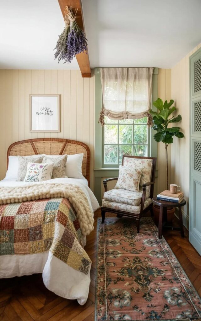 A plush, queen-sized bed with a woven rattan headboard sits against a pale cream-colored wall, layered with a thick ivory wool blanket, a patchwork quilt in muted earth tones, and several patterned throw pillows. A cushioned armchair upholstered in a floral print sits near a large window with a sheer linen curtain, accompanied by a small, round wooden side table holding a stack of books and a ceramic mug. Sunlight streams through the window, illuminating a patterned area rug on the hardwood floor and a potted fiddle leaf fig tree in the corner. Dried lavender bundles hang from a wooden beam overhead, and a framed print with the words “Cozy Moments” leans against the wall beside the bed.