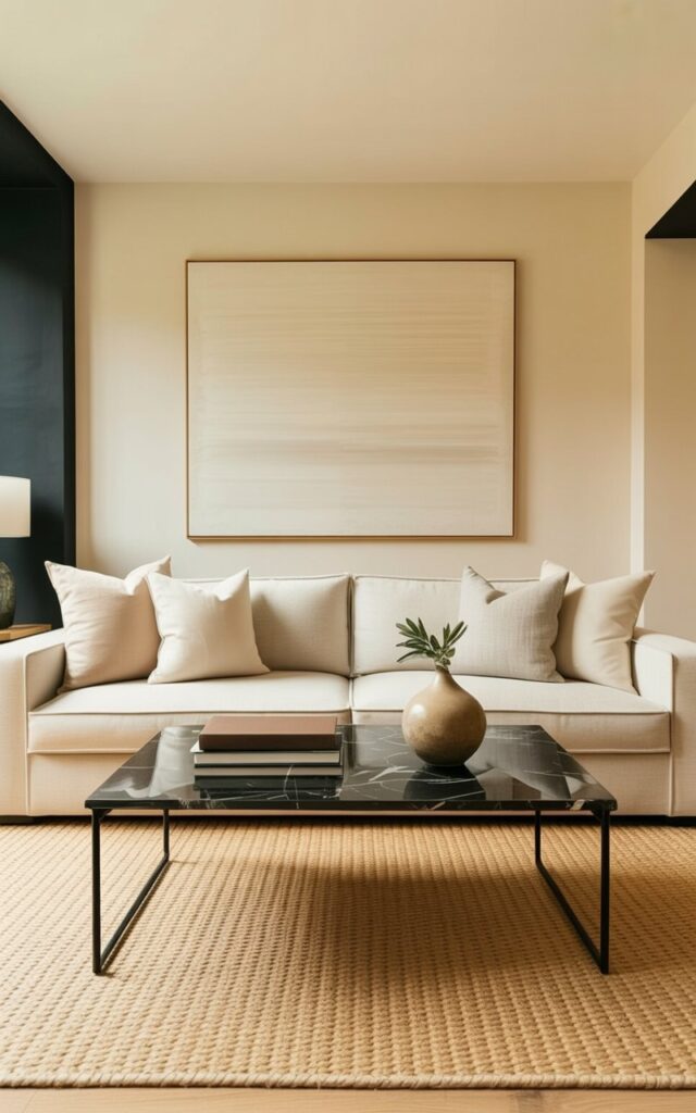 A large, plush sofa upholstered in a soft beige linen fabric dominates the seating area, featuring several throw pillows in varying textures of cream and light gray. A black marble coffee table with thin metal legs sits centered in front of the sofa, displaying a stack of three books with dark brown covers and a ceramic vase holding a single sprig of greenery. Behind the sofa, a black accent wall contrasts with lighter beige walls adorned with a large, rectangular abstract artwork featuring subtle tonal variations. A woven beige rug lies beneath the furniture, anchoring the space and adding visual warmth to the room’s neutral color scheme.