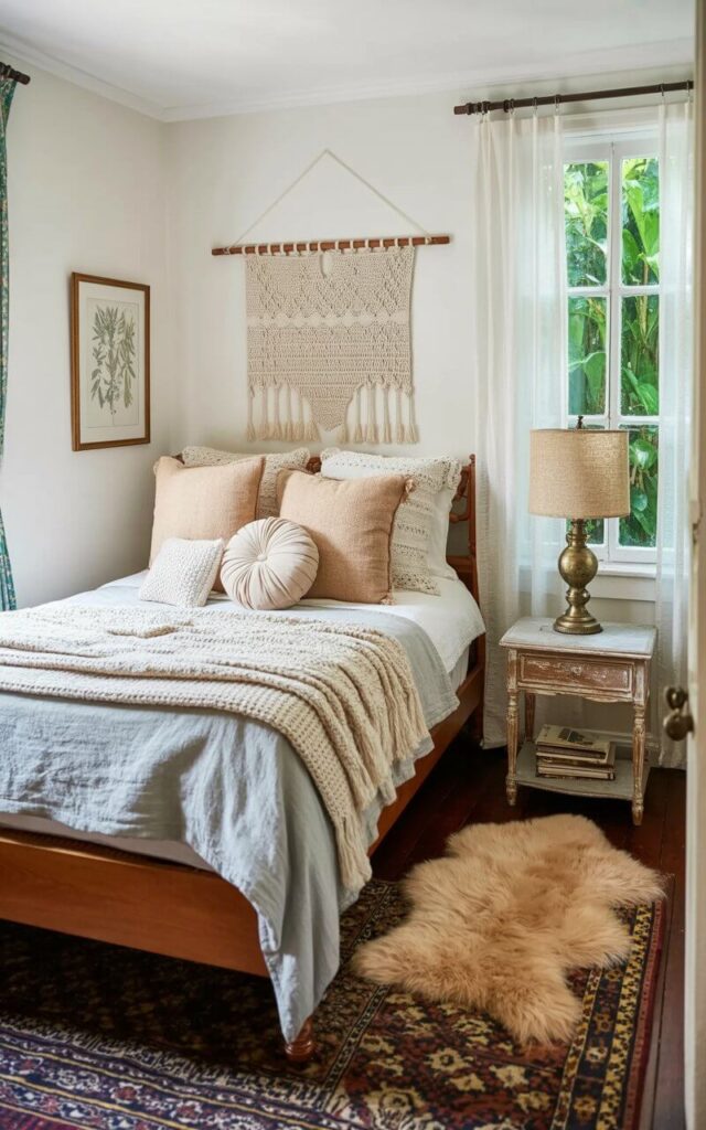 A queen-sized bed with a wooden frame sits centered in the room, covered with a light gray linen duvet and two cream-colored knitted blankets, with a scattering of three rectangular pillows and two round bolster pillows in varying shades of beige and white. A woven macrame wall hanging with tassels adorns the wall above the headboard, and a small antique brass table lamp with a linen shade rests on a weathered wooden nightstand. A plush sheepskin rug lies on the hardwood floor beside the bed, and a sheer white curtain filters soft light through a window overlooking a lush green garden. The room features painted white walls with a single framed botanical print hanging to the left of the window, creating a calm and inviting atmosphere.